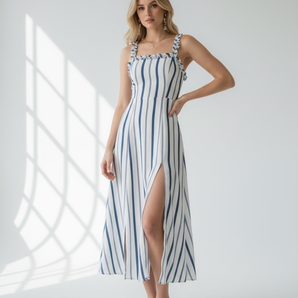 Cotton Candy Blue and White Striped Midi Dress with Ruffle Straps - Picture 2 of 4
